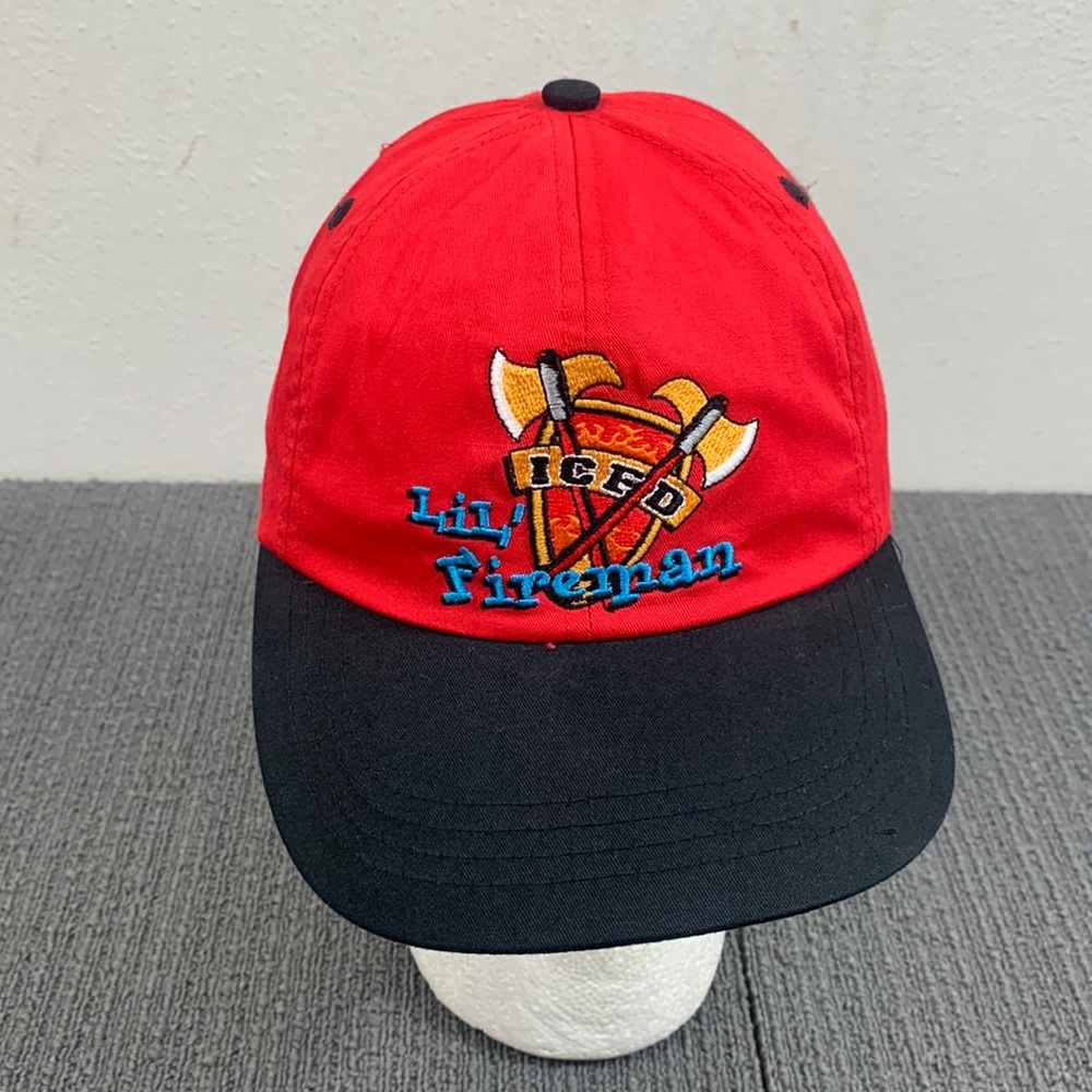 ICFD Lil' Fireman Baseball Hat Kids OSFA Red Black Strapback Cap Laid Back